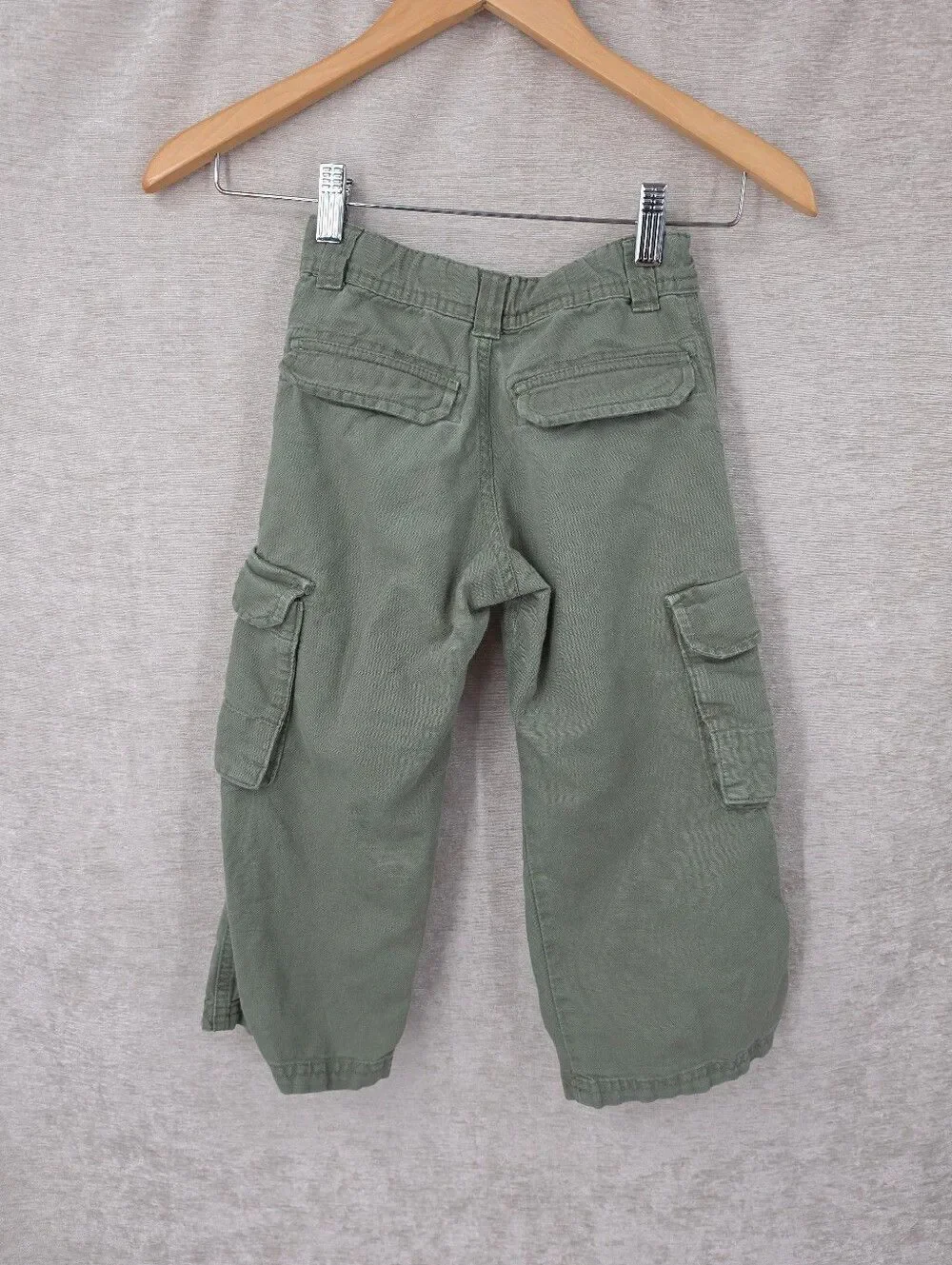 Y2K Linen Cotton Boys Olive Green Cargo Pants Drawstring Waist Roll Tab Ankle